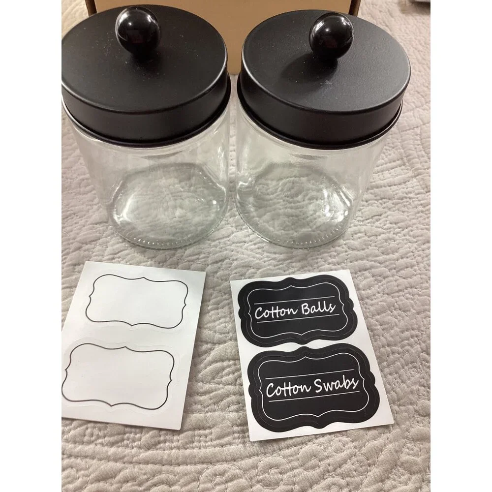 Amolliar Apothecary Glass Jar Set of 2* Lids*Labels For Cotton Balls & Swabs*NIB